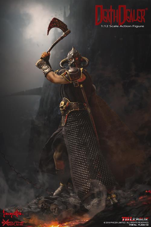 A 1/12 scale Death Dealer action figure is posed for battle, gripping a bloodstained axe with both hands. The figure features intricate armor detailing, including a horned helmet with glowing red eyes, ornate bracers, and a skull-adorned belt plate. The chainmail-style skirt and dark cloak add to the imposing presence of Frank Frazetta’s legendary warrior. A moody, smoky background enhances the intense and cinematic feel of this collectible figure.