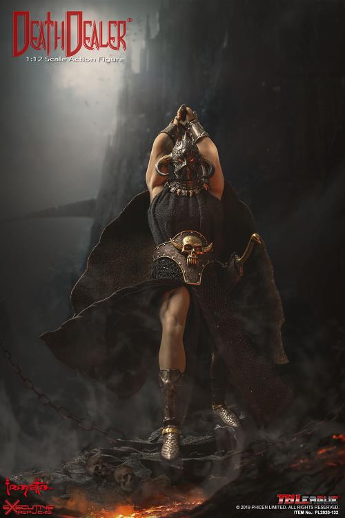 A 1/12 scale Death Dealer action figure is posed for battle, gripping a bloodstained axe with both hands. The figure features intricate armor detailing, including a horned helmet with glowing red eyes, ornate bracers, and a skull-adorned belt plate. The chainmail-style skirt and dark cloak add to the imposing presence of Frank Frazetta’s legendary warrior. A moody, smoky background enhances the intense and cinematic feel of this collectible figure.