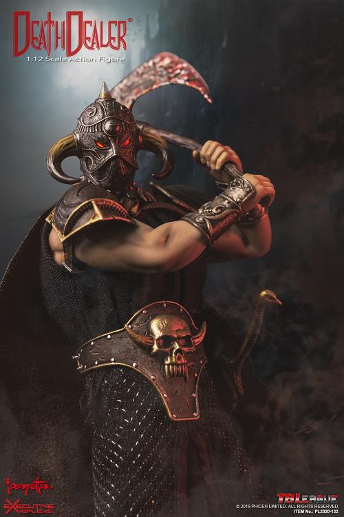 A 1/12 scale Death Dealer action figure is posed for battle, gripping a bloodstained axe with both hands. The figure features intricate armor detailing, including a horned helmet with glowing red eyes, ornate bracers, and a skull-adorned belt plate. The chainmail-style skirt and dark cloak add to the imposing presence of Frank Frazetta’s legendary warrior. A moody, smoky background enhances the intense and cinematic feel of this collectible figure.
