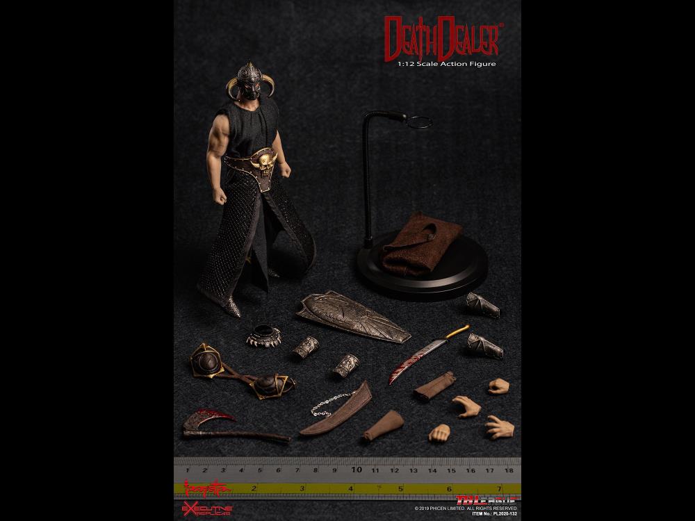 A 1/12 scale Death Dealer action figure is displayed alongside its extensive set of accessories, including multiple interchangeable hands, weapons, armor pieces, and fabric elements. The figure features a detailed horned helmet, skull-adorned belt, and chainmail-style skirt, staying true to Frank Frazetta’s iconic design. Also included are a weathered shield, bloodstained sword, axe, sheath, bracers, cloak, and a figure stand, offering collectors a range of posing and display options. A ruler at the bottom