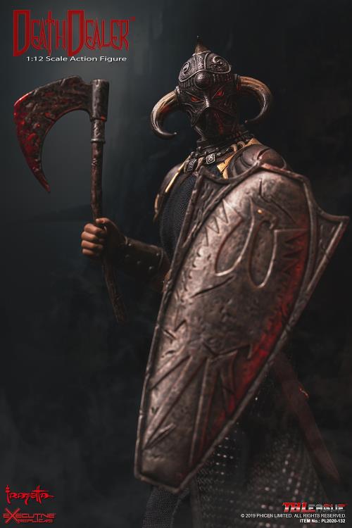 A 1/12 scale Death Dealer action figure, inspired by Frank Frazetta’s legendary artwork, is posed in a dramatic low-angle shot. The figure wields a battle-worn axe with bloodstained edges and a heavily weathered shield featuring the Death Dealer emblem. The intricately sculpted horned helmet, glowing red eyes, and layered armor enhance its menacing presence. The dark, smoky background adds to the intimidating and powerful atmosphere of this collectible figure.