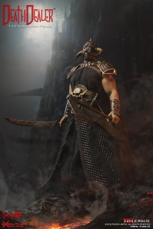 A 1/12 scale Death Dealer action figure stands in a commanding pose, gripping a battle-worn axe and sword, with his gaze lifted toward the darkened sky. His ornate horned helmet, chainmail-style armor, and skull-adorned belt capture the essence of Frank Frazetta’s legendary warrior. The battlefield beneath him is littered with skulls and glowing embers, while a misty fortress looms in the background, adding to the ominous and cinematic presence of this collectible figure.