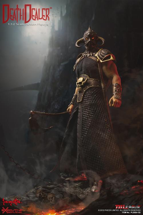 A 1/12 scale Death Dealer action figure stands in a powerful stance atop a battlefield littered with skulls and embers. The figure features intricate armor detailing, a skull-adorned belt, and a chainmail-style skirt, capturing the essence of Frank Frazetta’s legendary warrior. With glowing red eyes beneath a horned helmet and a massive battle axe in hand, the Death Dealer exudes an ominous and commanding presence. A dark, misty fortress looms in the background, enhancing the figure’s menacing and cinematic