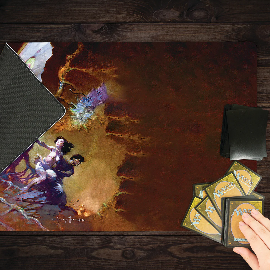 This image displays a playmat featuring Frank Frazetta&