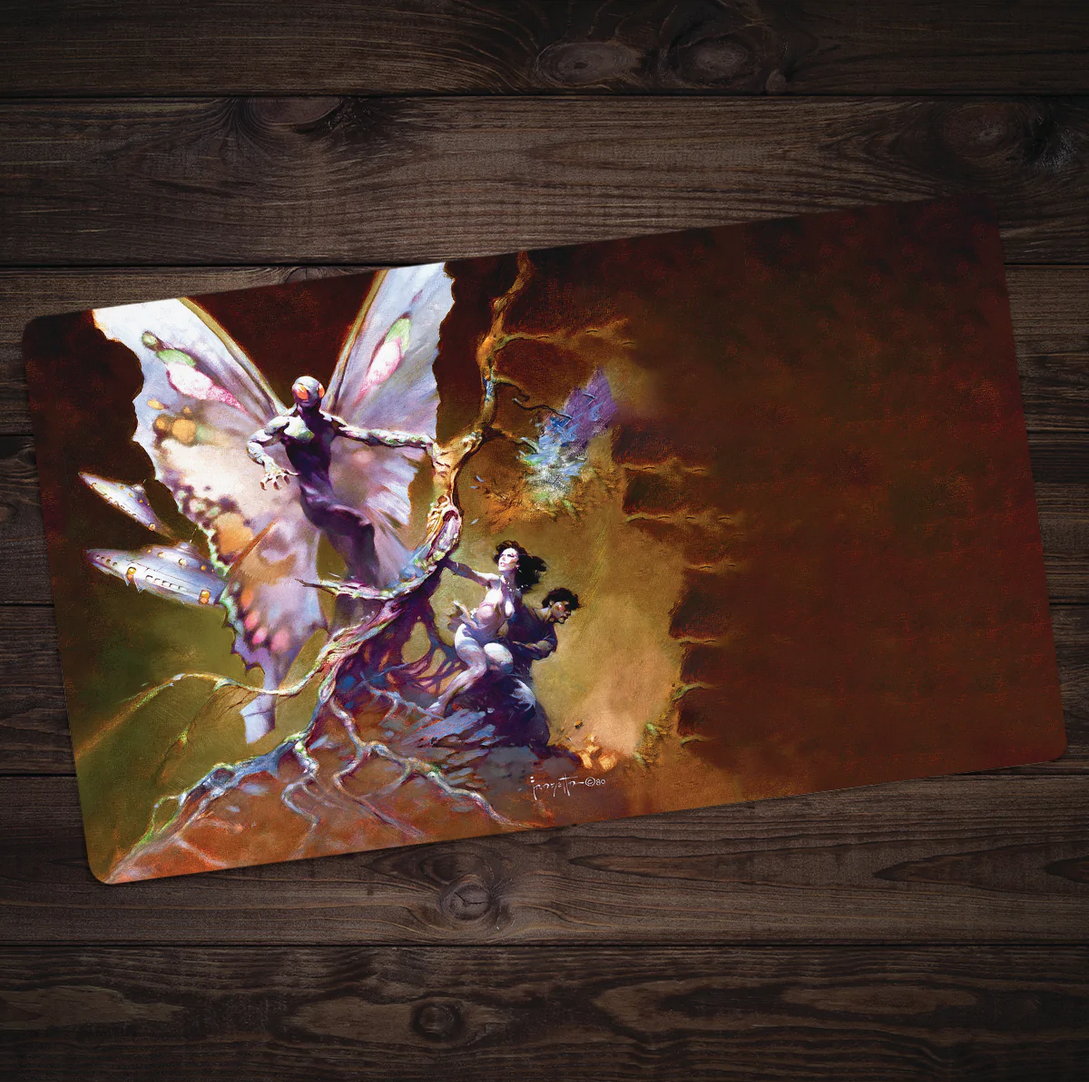 This image shows a beautifully designed playmat featuring Frank Frazetta&