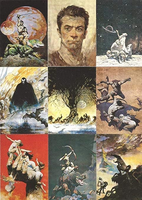 Nine vintage Frazetta trading cards featuring iconic Frazetta art laid out in a collage.