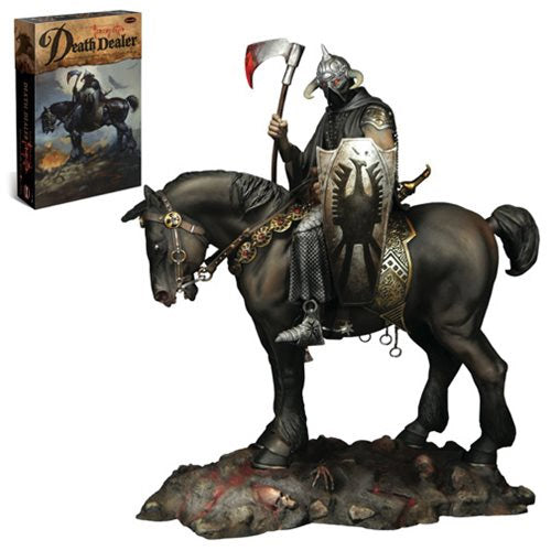 A 1/10 scale Death Dealer model kit featuring Frank Frazetta’s iconic warrior atop his warhorse, gripping a battle axe and shield with his signature emblem. The figure is displayed on a rocky battlefield base, with an illustrated box showcasing the original artwork in the background.