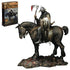 A 1/10 scale Death Dealer model kit featuring Frank Frazetta’s iconic warrior atop his warhorse, gripping a battle axe and shield with his signature emblem. The figure is displayed on a rocky battlefield base, with an illustrated box showcasing the original artwork in the background.