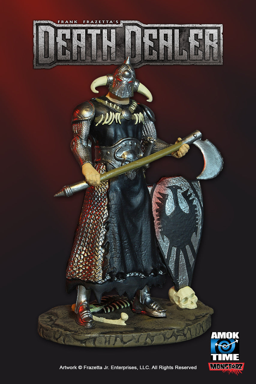 A 3.75” scale retro action figure of Frank Frazetta’s Death Dealer stands on a detailed blood, bones, and stone display base. The figure features heavy armor with chain mail sleeves, a long-horned helmet, and comes equipped with a battle-worn axe and shield, which fits into the skull-adorned base. The packaging includes Amok Time’s Monstarz branding, reinforcing its collector’s edition status.