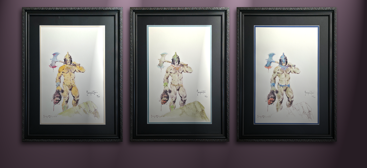 Photo of water color pieces by Frank Frazetta, featuring the Night Raider framed in a dark frame with black matting.
