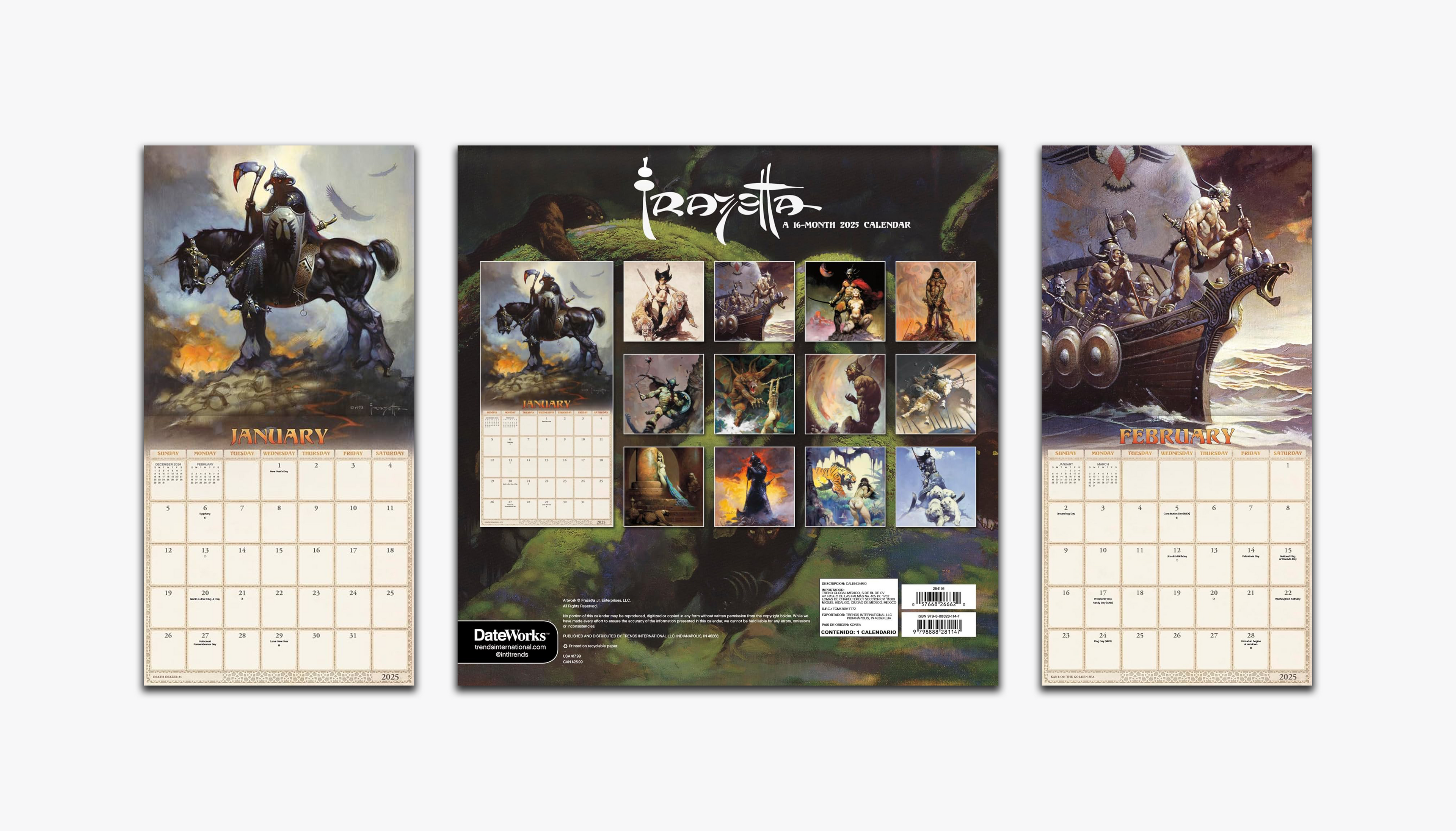 Frazetta Calendar hung on white wall displaying many of Frazetta's iconic fantasy and sci-fi artwork