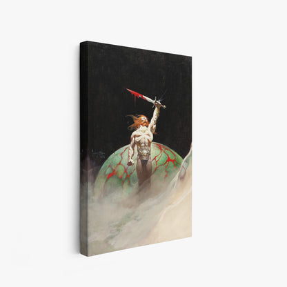 A canvas print of Frazetta’s Atlantis hung on a white wall, showcasing the artwork with mirror-wrapped edges for a seamless, dimensional look.