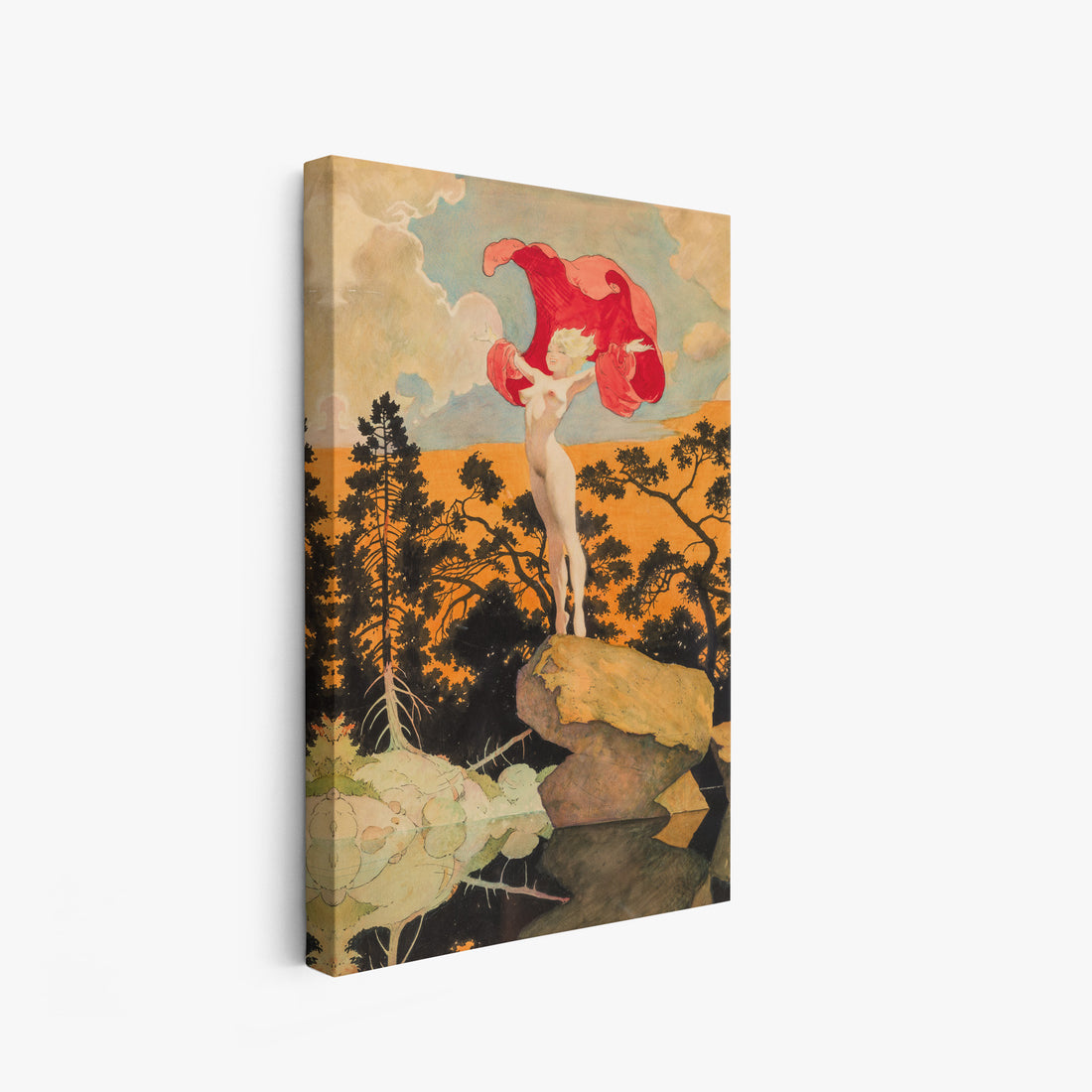 A canvas print of Frazetta’s Atlantis hung on a white wall, showcasing the artwork with mirror-wrapped edges for a seamless, dimensional look.