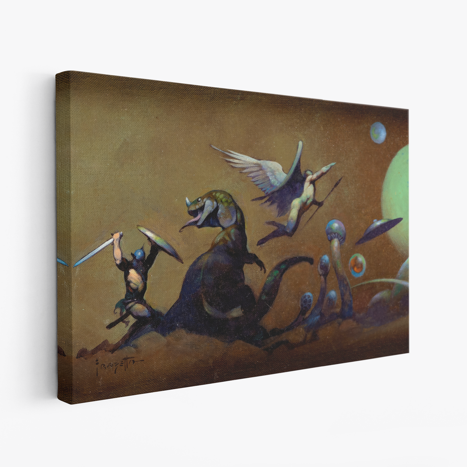 A canvas print of Frazetta’s Fantasy World hung on a white wall, showcasing the artwork with mirror-wrapped edges for a seamless, dimensional look.