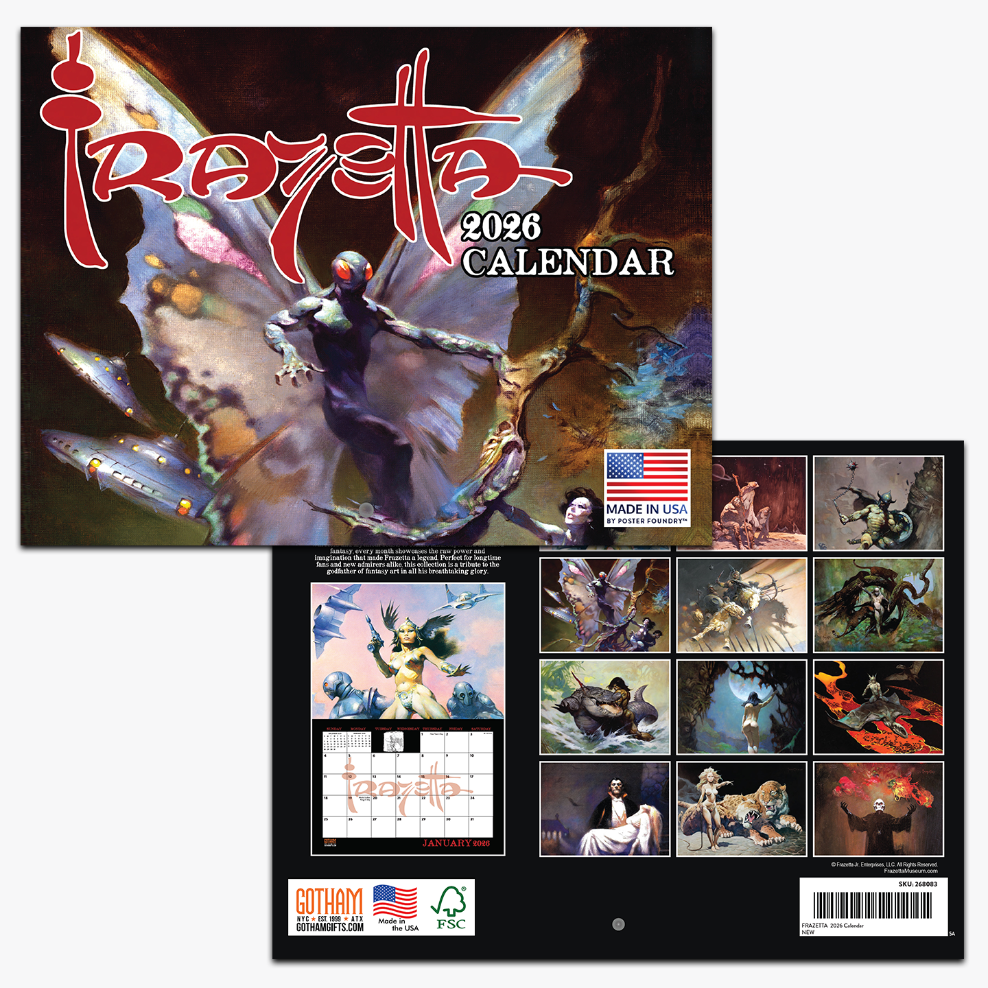 Photo of the front and back of the 2026 Frazetta Calendar sold by the Frazetta Art Museum featuring many of Frazetta's iconic art.