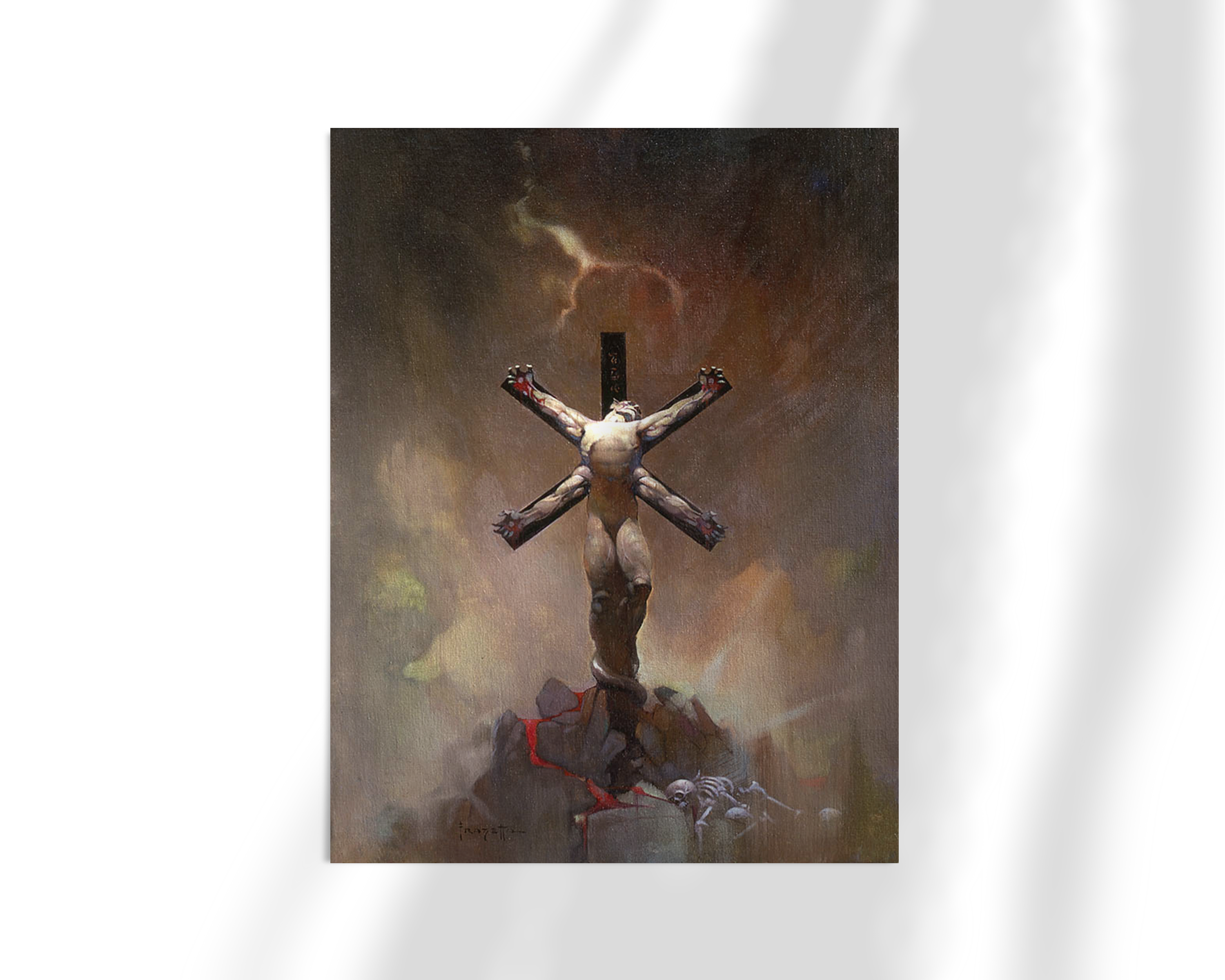 Unframed fine art print of Frazetta’s “Alien Crucifixion,” depicting a dramatic and emotional sci-fi scene of torment and isolation on a stark alien world.
