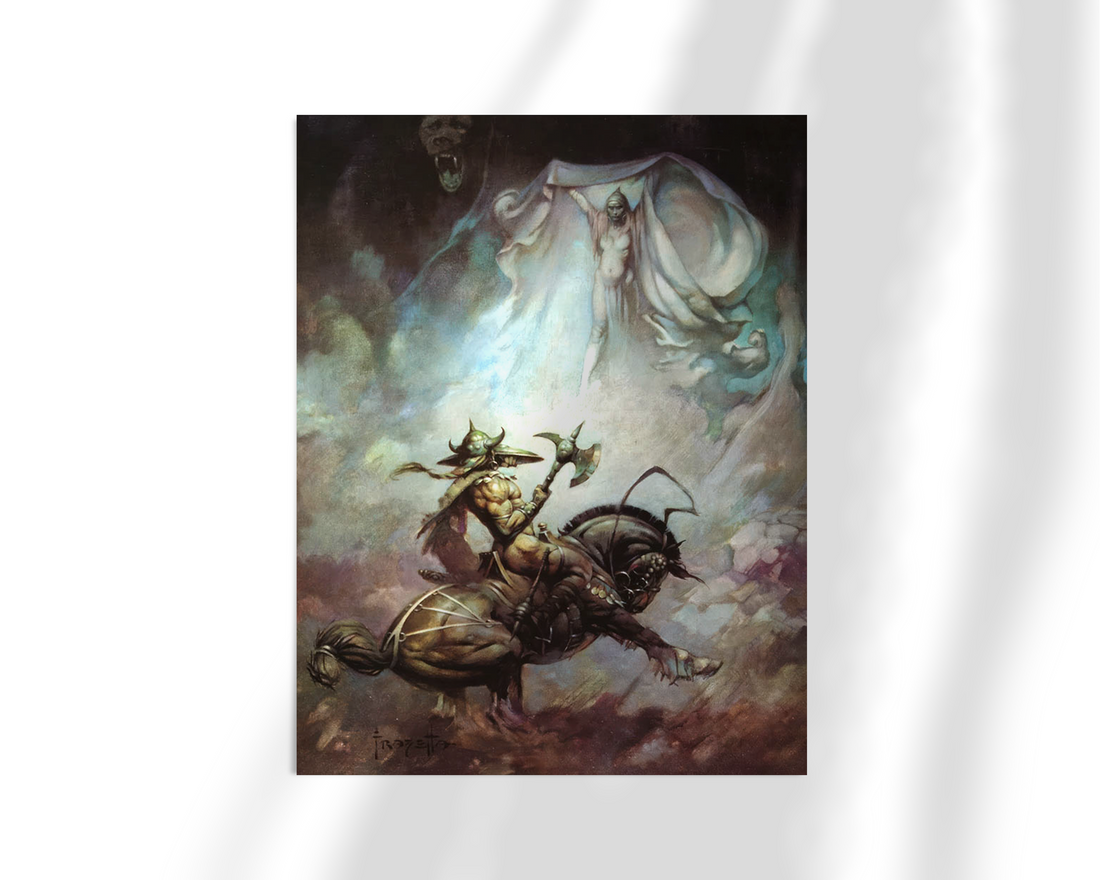 Unframed fine art print of Apparition by Frank Frazetta, featuring a dramatic scene where a spectral figure looms over a startled warrior riding a rearing beast.