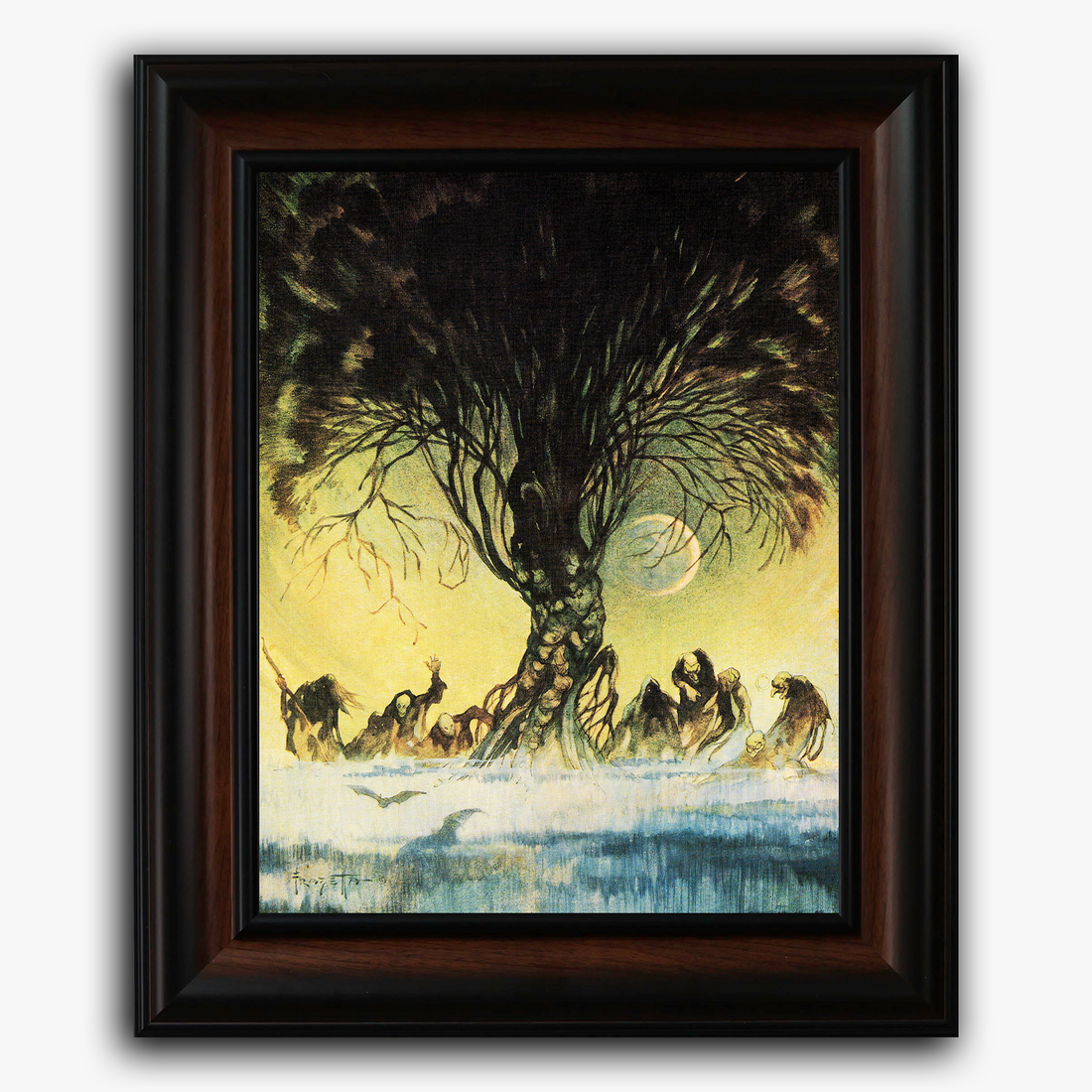 Framed fine art print of Frank Frazetta’s iconic horror painting The Autumn People, showcasing an eerie scene with ghouls surrounding a large tree.