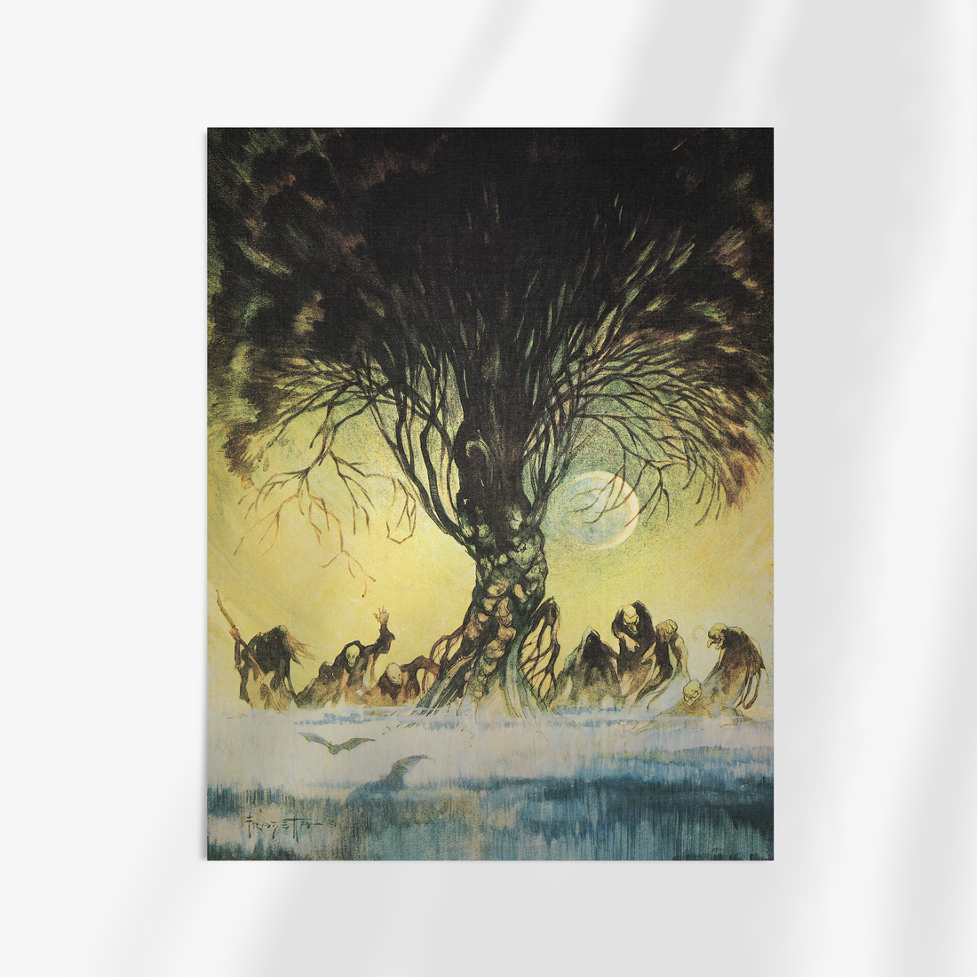 Unframed fine art print of Frank Frazetta’s iconic horror painting The Autumn People, showcasing an eerie scene with ghouls surrounding a large tree.