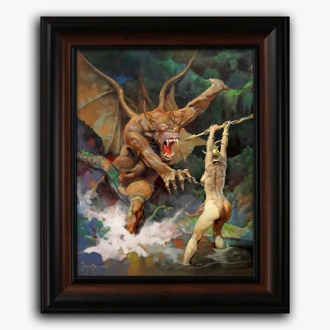 Framed fine art print of Frank Frazetta’s Beauty and the Beast, showcasing a terrifying and majestic scene where a powerful demon swoops down to claim a female warrior, set against a dramatic, turbulent background.