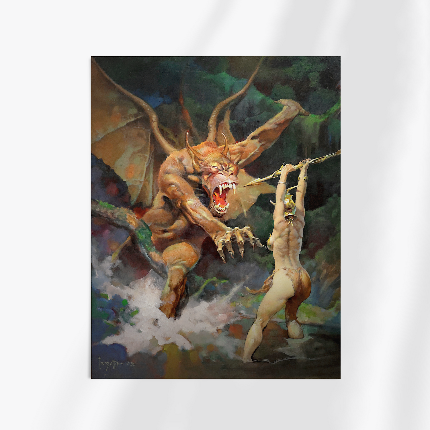 Unframed fine art print of Frank Frazetta’s Beauty and the Beast, showcasing a terrifying and majestic scene where a powerful demon swoops down to claim a female warrior, set against a dramatic, turbulent background.