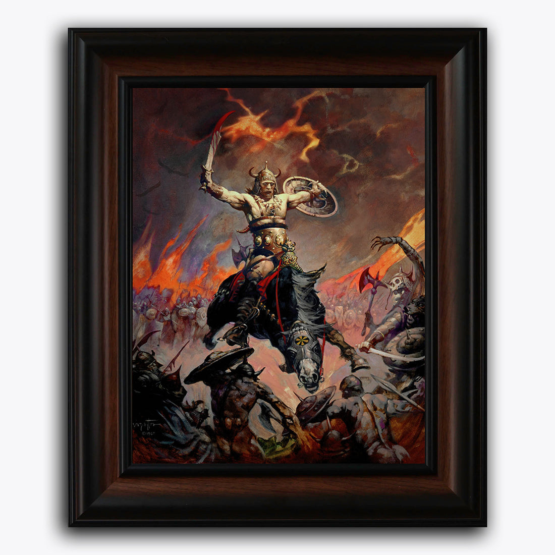 Framed fine art print of Berserker, with a blood-soaked warrior mid-battle in Frazetta’s brutal fantasy style.