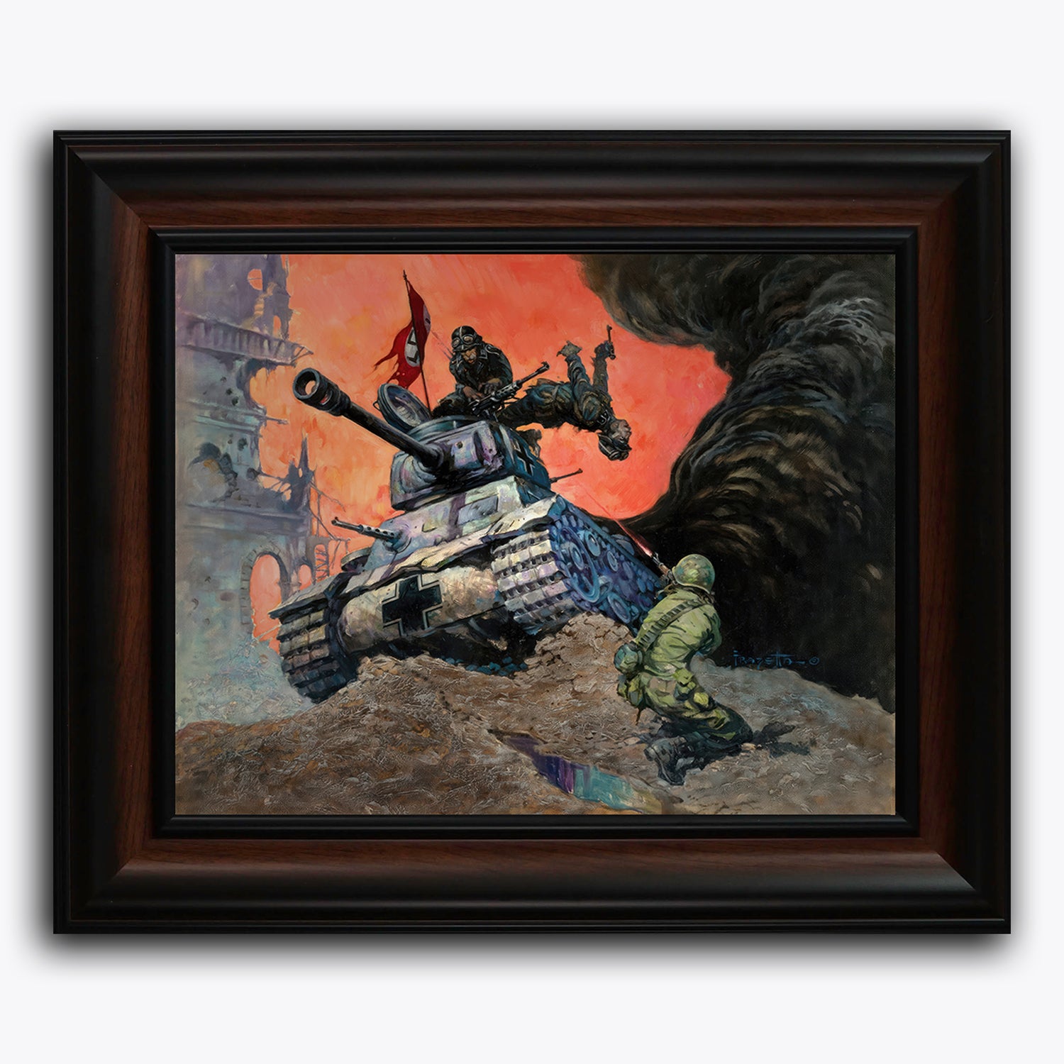 Framed fine art print of Frank Frazetta’s Blazing Combat IV, depicting a brutal wartime scene with a tank crashing forward over rubble, smoke billowing behind, and a soldier in green scrambling in its path.