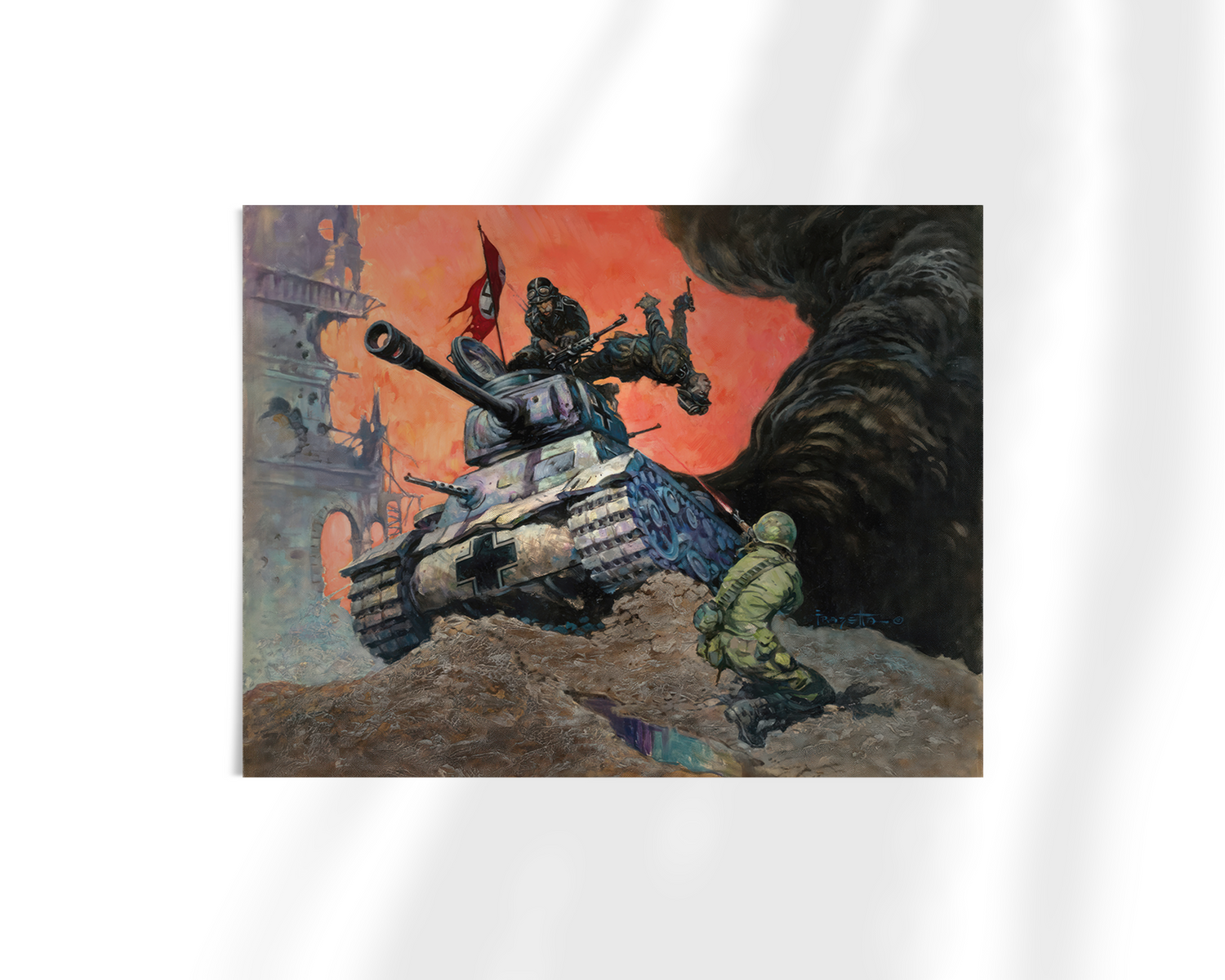 Unframed fine art print of Blazing Combat IV by Frank Frazetta. A dramatic and intense battle scene featuring a tank barreling forward, with fiery skies and chaos surrounding the battlefield.