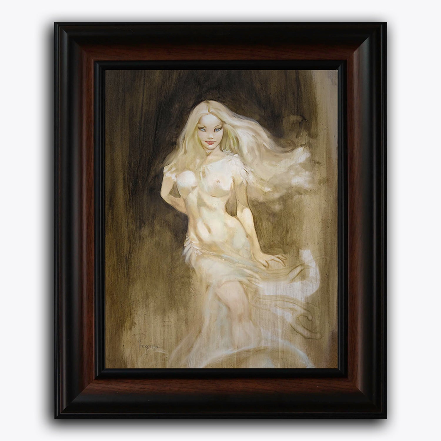 Framed fine art print of Frank Frazetta’s Bride of Dracula, featuring a ghostly blonde woman with flowing hair and sheer garments emerging from darkness.