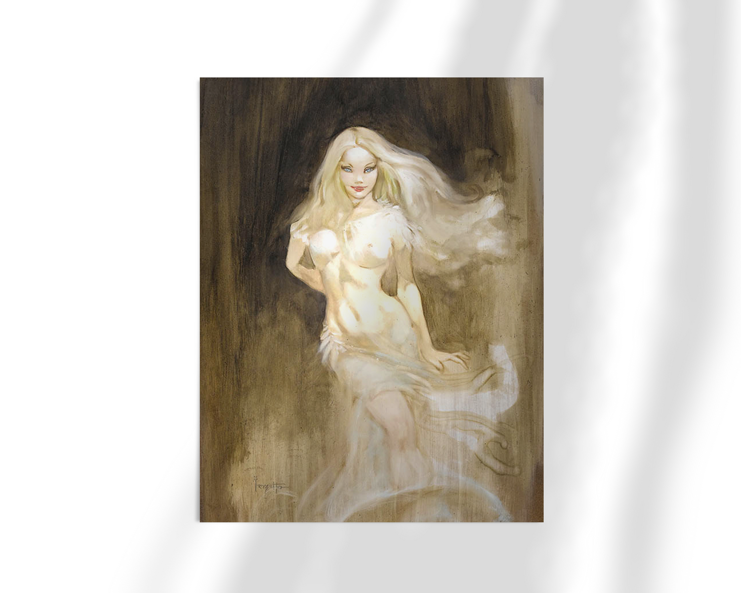 Unframed print of Bride of Dracula by Frank Frazetta. A pale, ethereal woman in soft tones stands against a shadowy backdrop, her form partially veiled in mist.