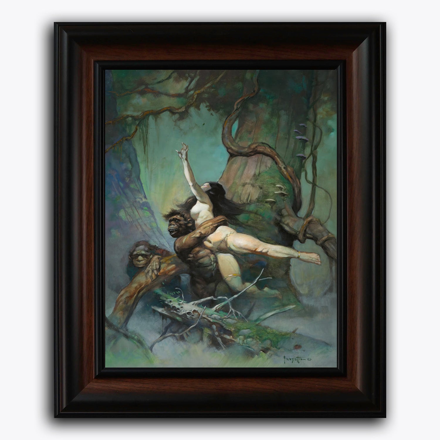 Framed fine art print of Frank Frazetta’s Captive Princess, depicting a princess being abducted by jungle creatures in a tangled, misty forest.