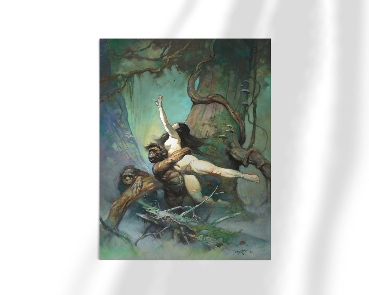 Unframed fine art print of Frank Frazetta’s Captive Princess, depicting a princess being abducted by jungle creatures in a tangled, misty forest.