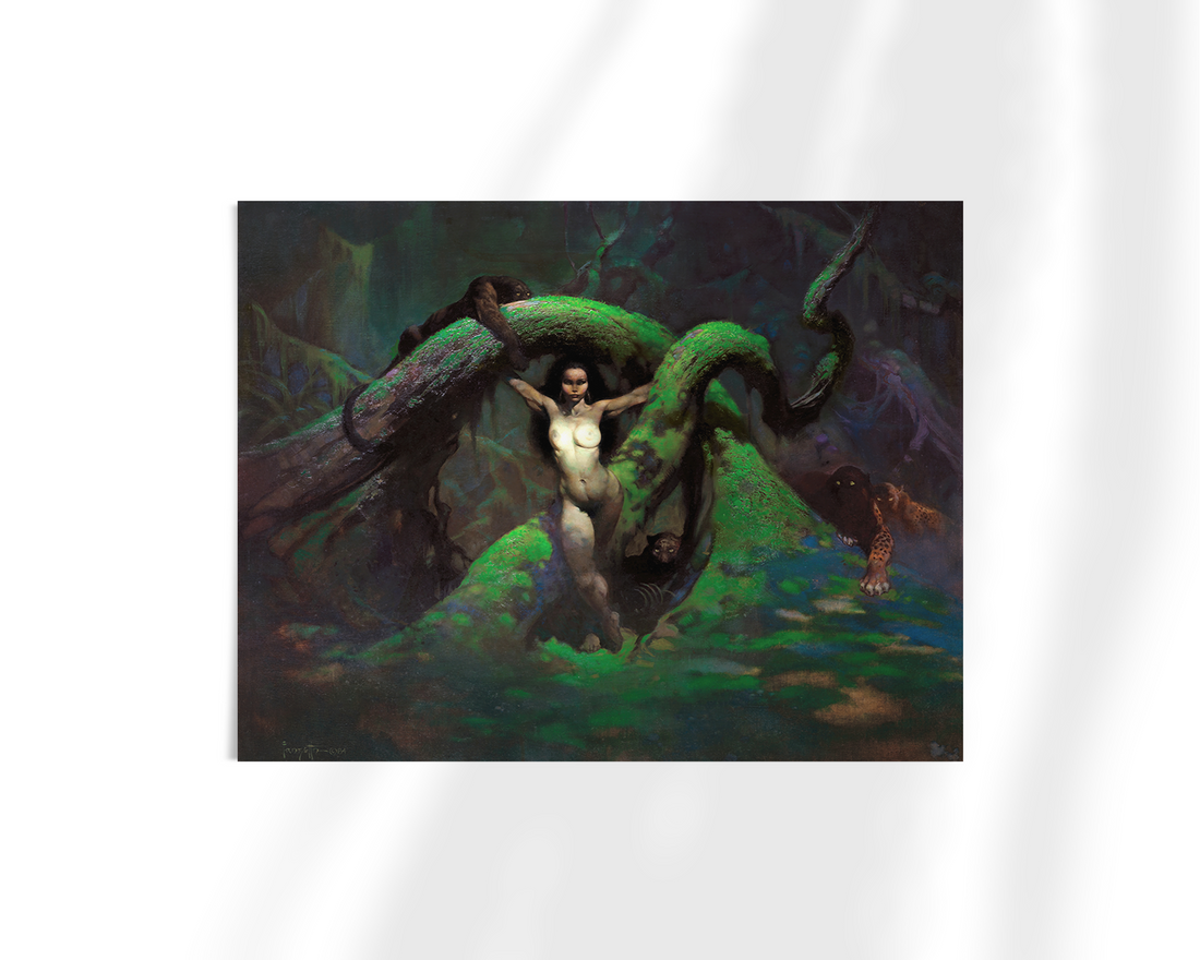 Unframed fine art print of Cat Girl, highlighting the intense gaze of the woman amid twisting roots and dense shadows.