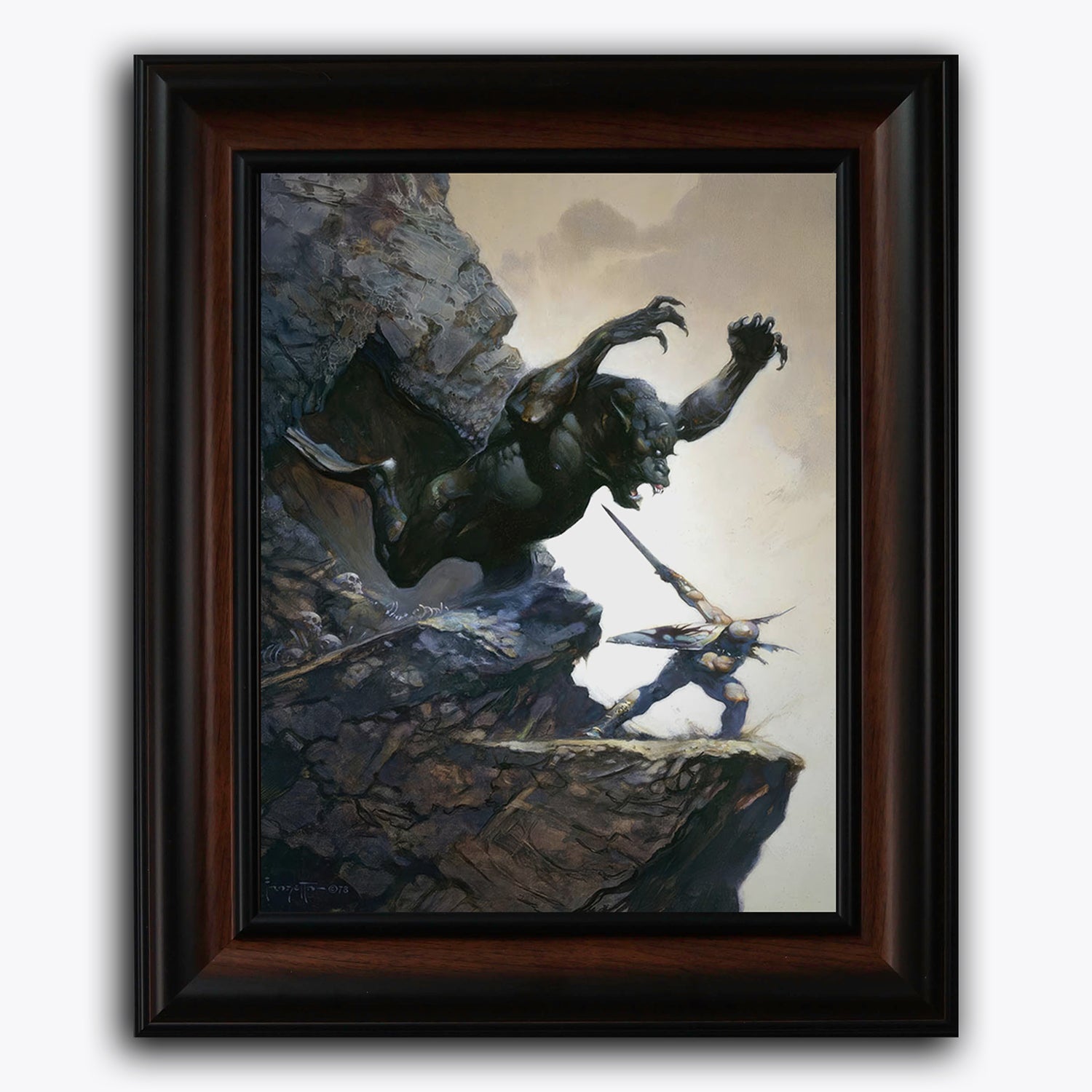 Framed fine art print of Frank Frazetta’s Cave Demon, depicting a dramatic cliffside battle where a warrior drives a sword into a monstrous demon. The jagged rocks and stark lighting amplify the tension and peril.
