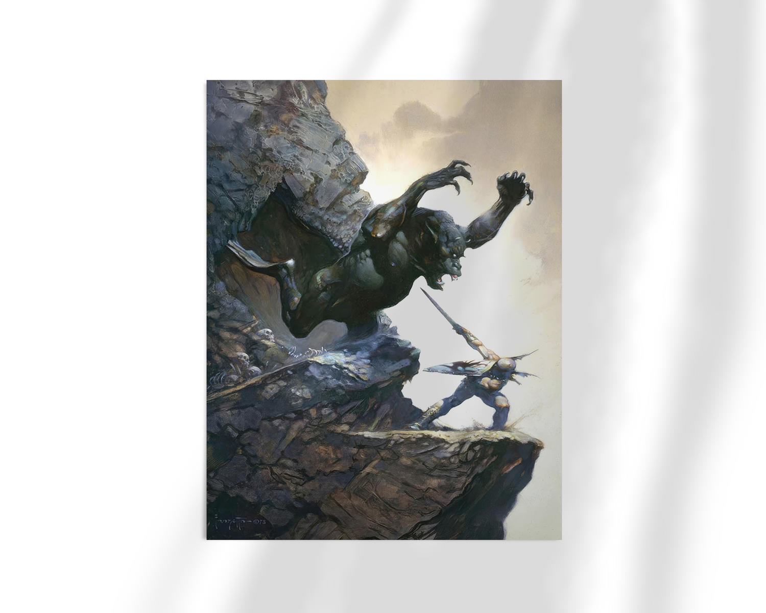 Unframed print of Cave Demon by Frank Frazetta. A fierce battle unfolds atop a rocky precipice, as a hero confronts a hulking demon in a high-stakes clash, rendered with dynamic motion and moody tones.