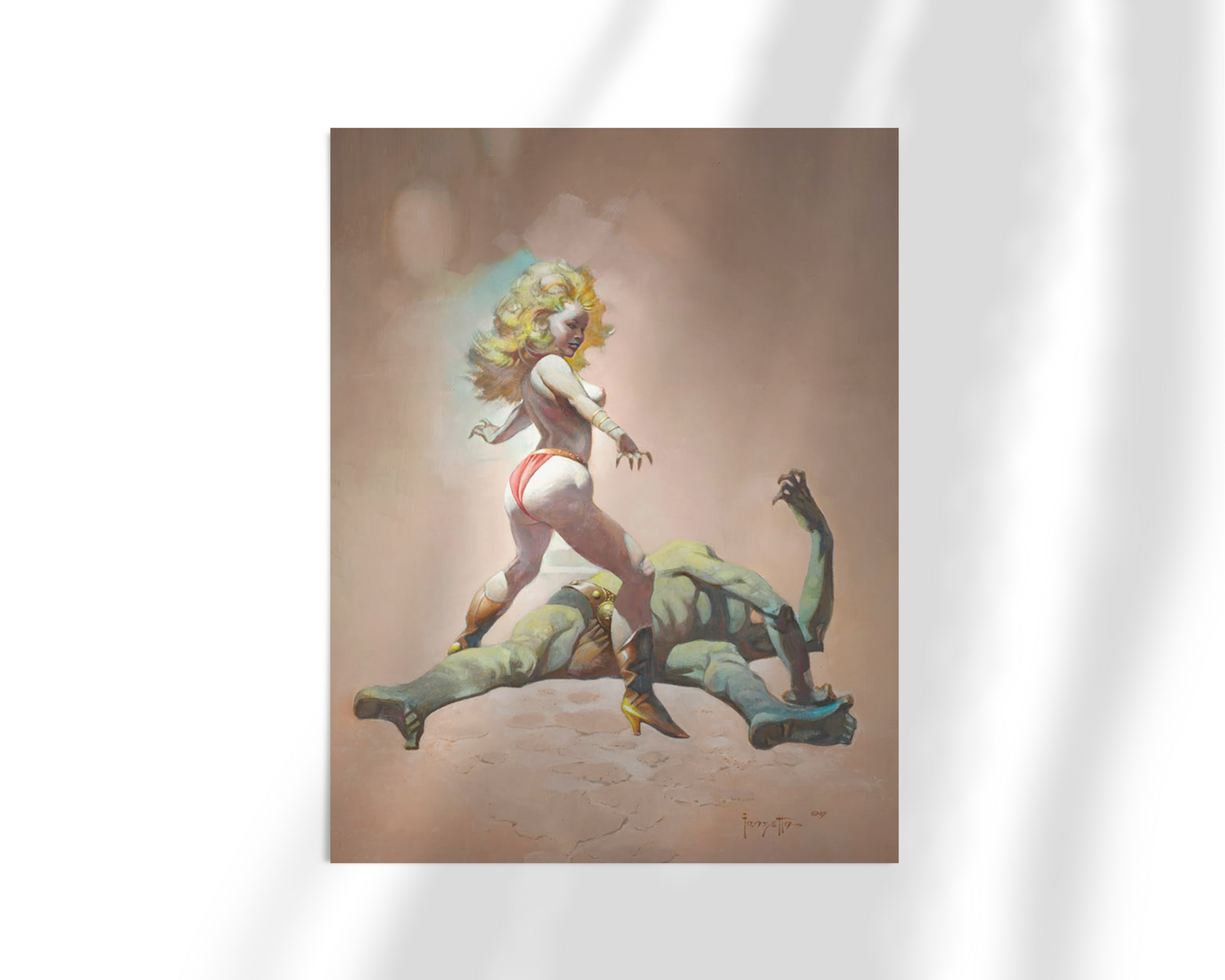 Unframed print of Countess and the Green Man by Frank Frazetta. A powerful woman stands over a monstrous green figure, with bold lighting and a clean backdrop emphasizing the scene&