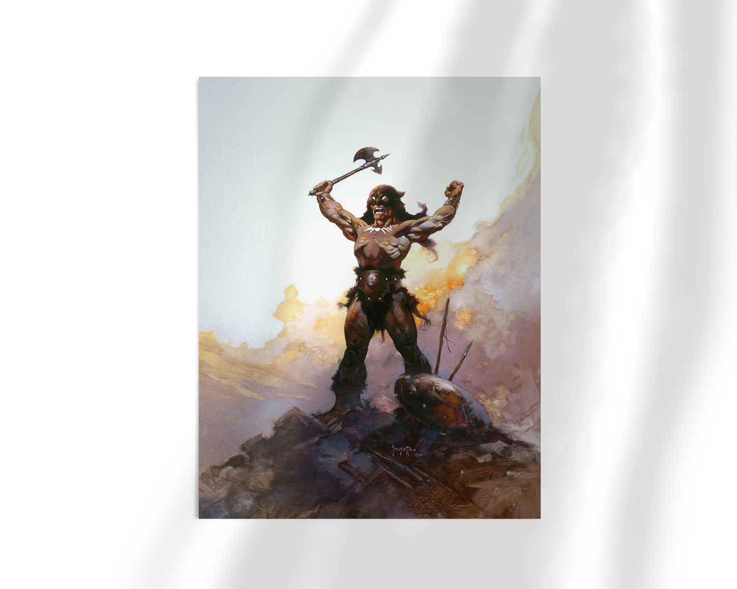 Unframed fine art print of Days of Wrath by Frank Frazetta. A muscular warrior towers atop a battlefield, bathed in light and fury, holding an axe high as flames and chaos erupt behind him.
