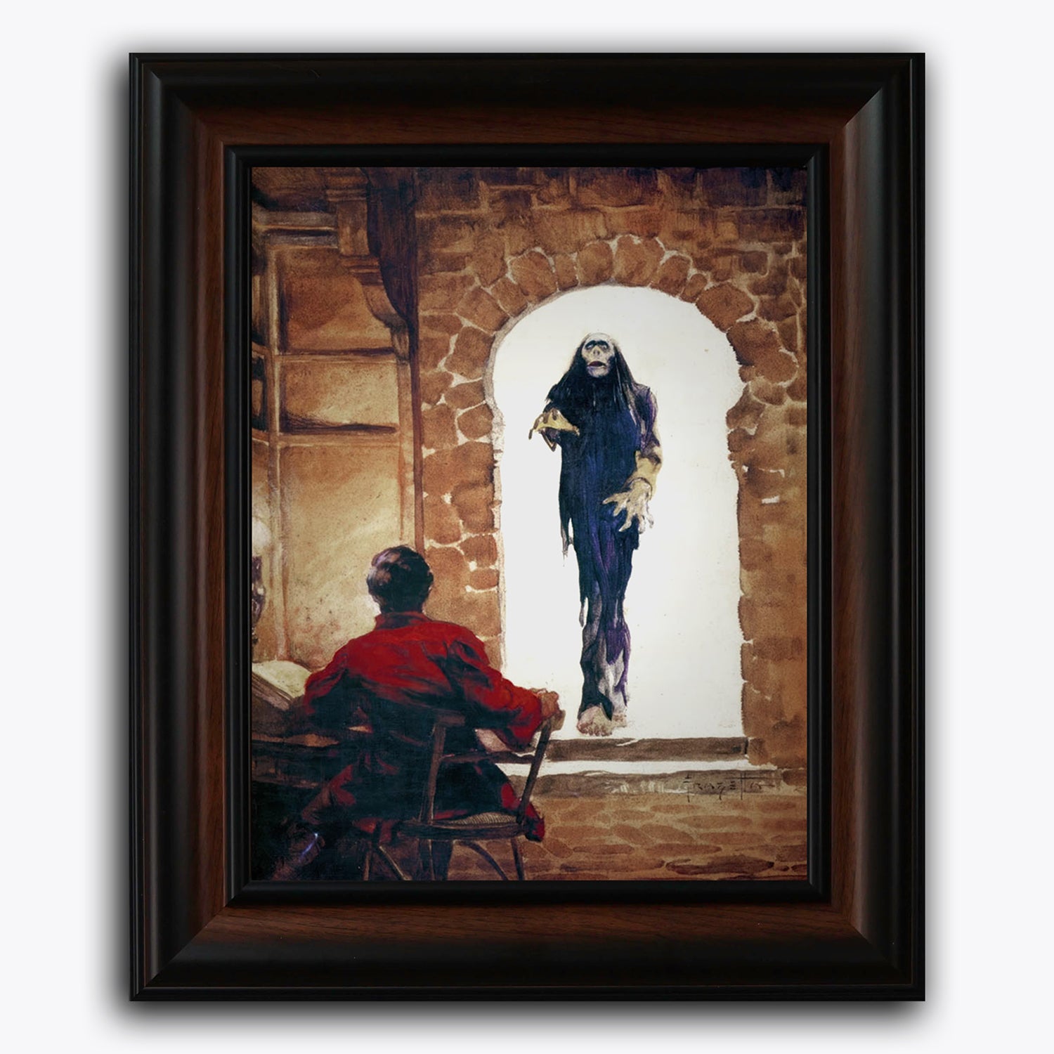 Framed fine art print of Frank Frazetta’s Dead of Night, showing a cloaked, skeletal figure entering through an arched doorway as a seated man in red looks on. The eerie stone setting and ghostly figure create a chilling and suspenseful mood.