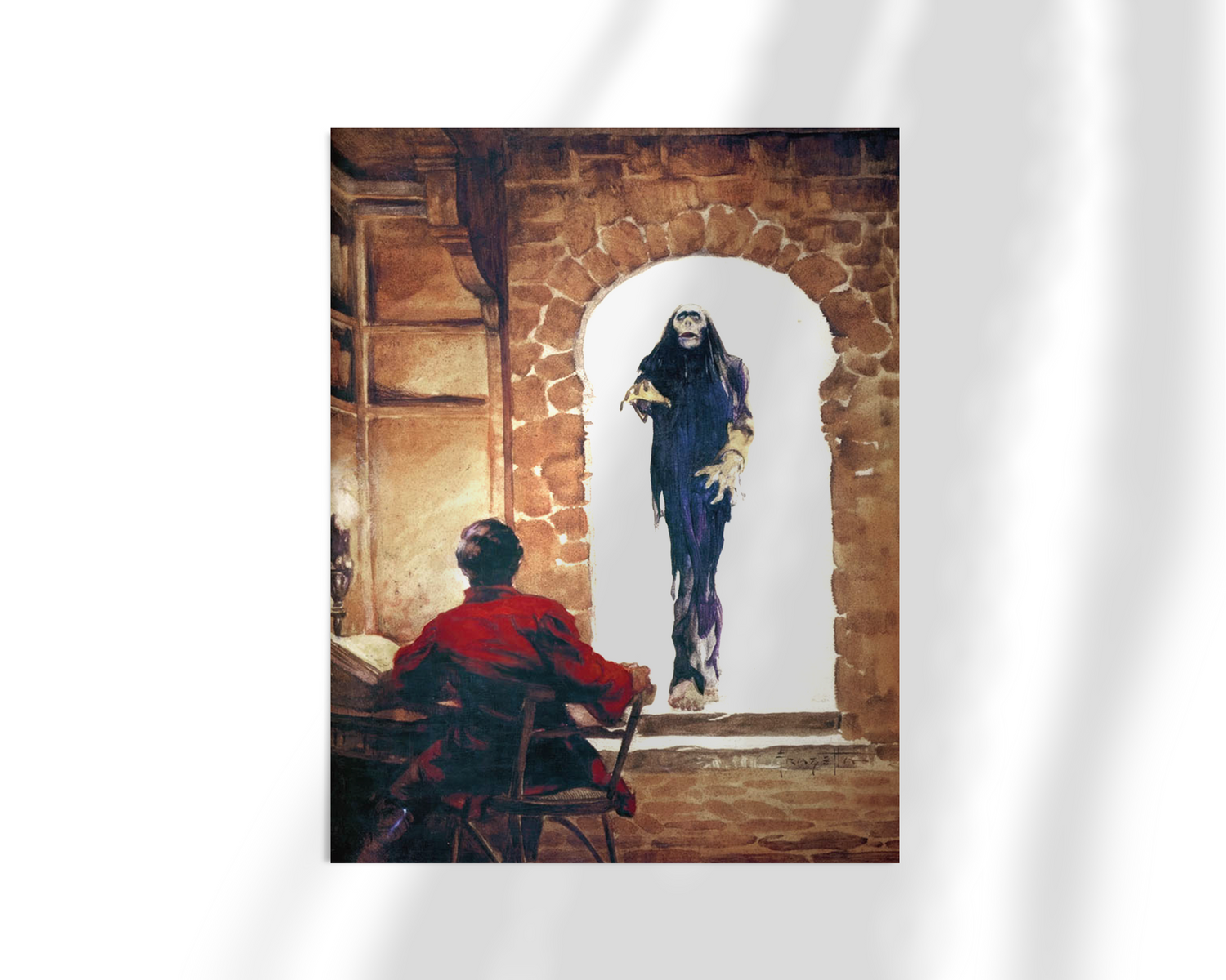 Unframed fine art print of Dead of Night by Frank Frazetta. A hooded specter emerges from a bright archway into a dark, rustic room where a man sits frozen in place, bathed in shadow and dread.