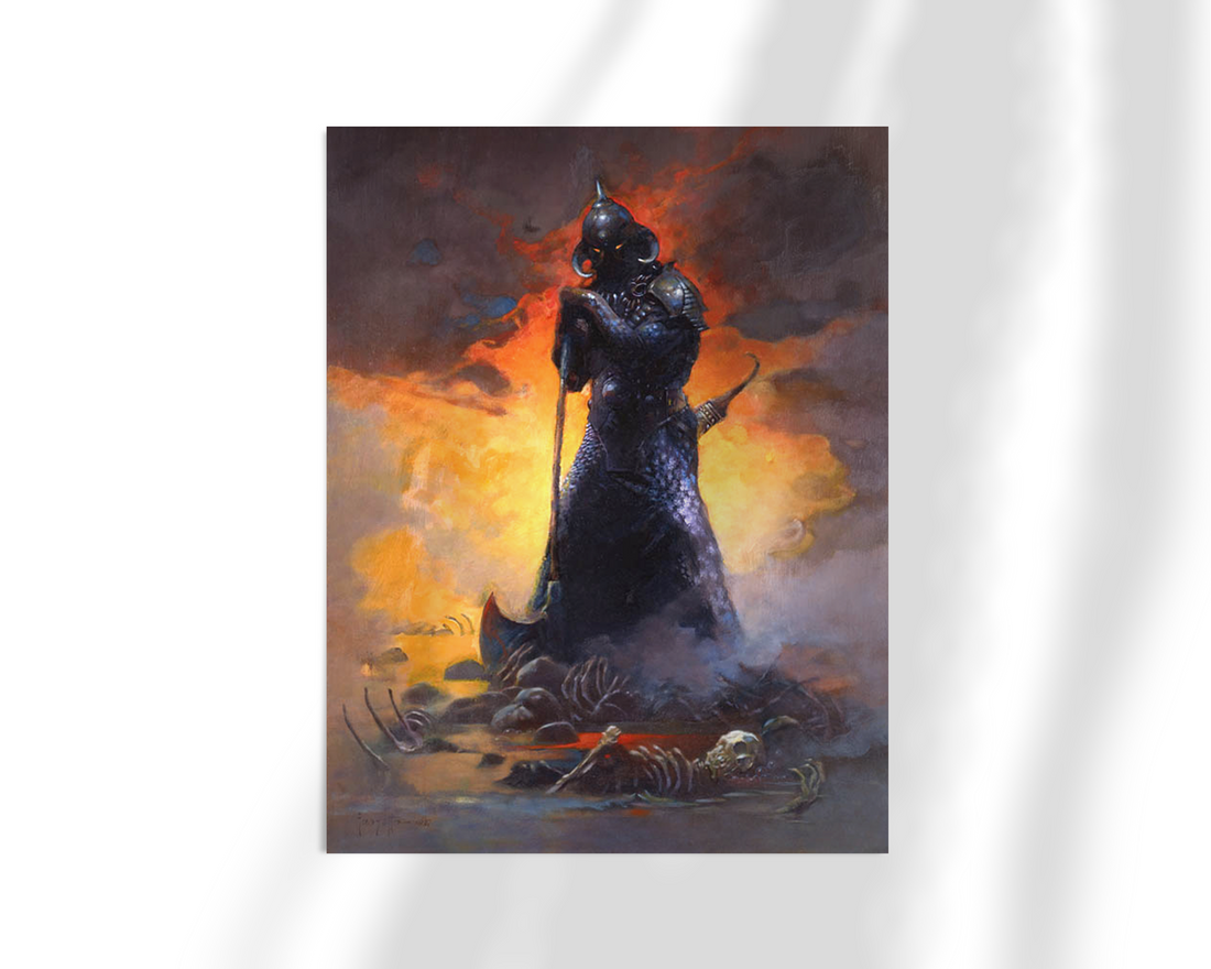 Unframed print of Death Dealer III Revised, rendered in intense orange and gray tones, with masterful shadow and atmosphere.