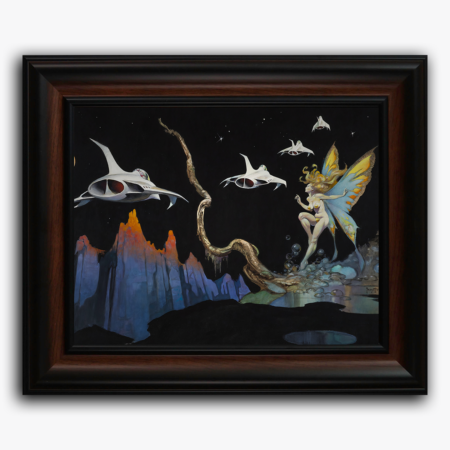 Framed fine art print of Frank Frazetta’s Dream Flight, portraying a celestial fairy poised on a rocky ledge as sleek, otherworldly ships soar through the starry sky above alien mountains.