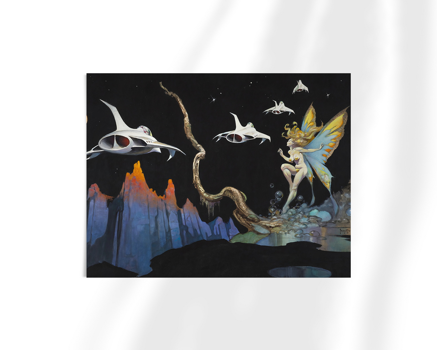 Unframed fine art print of Dream Flight by Frank Frazetta. A winged woman floats amid a surreal extraterrestrial landscape, watching as futuristic spacecraft drift through the night.