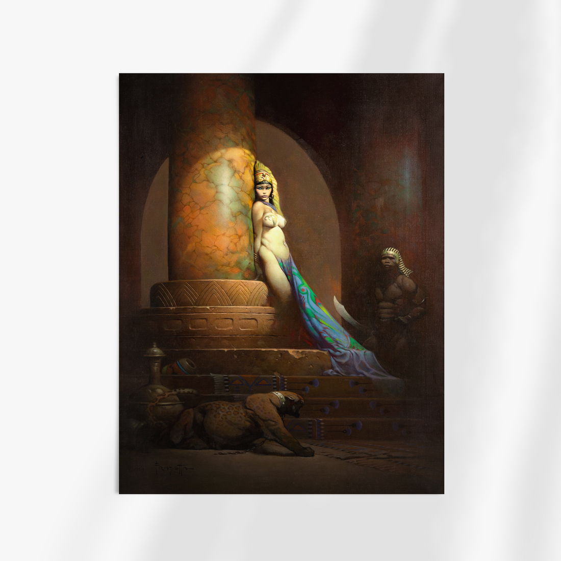 Unframed gloss print of Egyptian Queen, with detailed lighting and color surrounding a commanding feminine figure in ancient ruins.