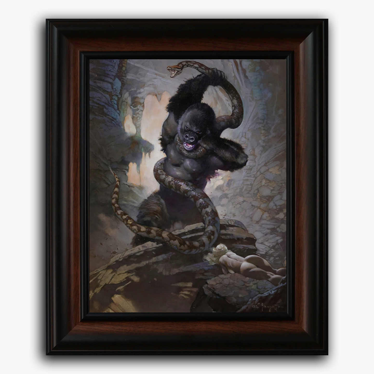 Framed fine art print of Frank Frazetta’s “Eighth Wonder,” showing a powerful gorilla locked in battle with a massive serpent in a misty, prehistoric jungle setting.