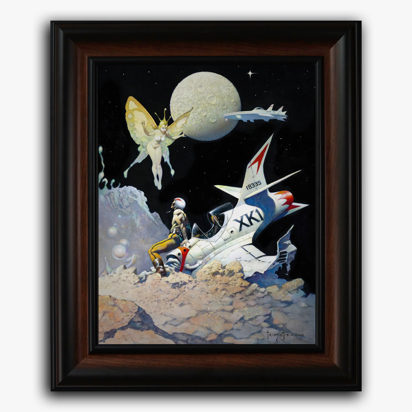 Framed fine art print of Frank Frazetta’s “Encounter,” featuring a spaceman and a glowing winged figure near a spaceship under a luminous moon.