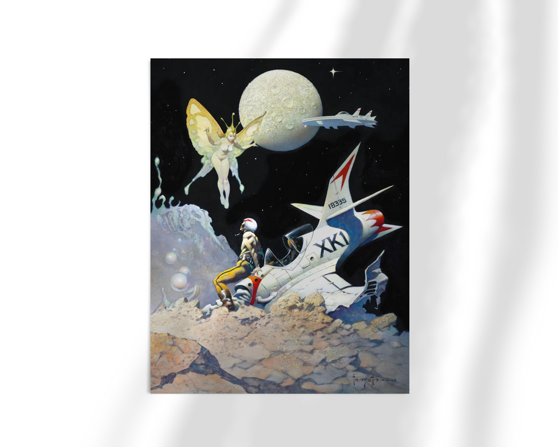 Unframed fine art print of Frazetta’s “Encounter,” depicting a surreal sci-fi scene with a pilot, a fairy-like creature, and a starry lunar landscape.