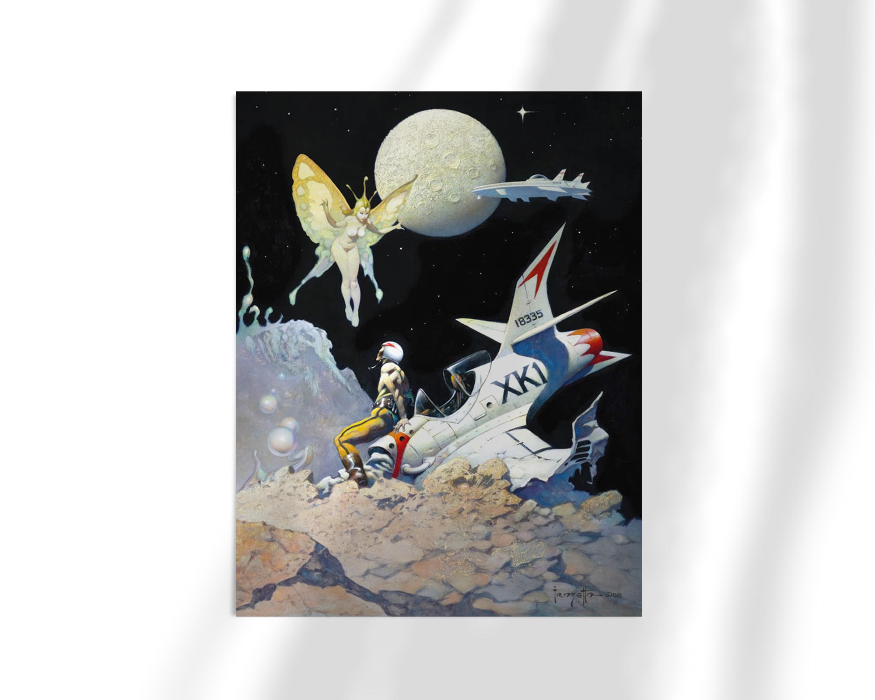 Unframed fine art print of Frazetta’s “Encounter,” depicting a surreal sci-fi scene with a pilot, a fairy-like creature, and a starry lunar landscape.