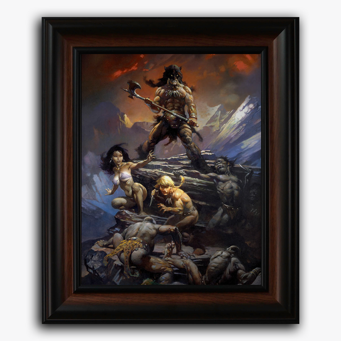 Framed fine art print of Frank Frazetta’s “Fire and Ice,” showing a warrior standing triumphantly on a rocky cliff surrounded by allies and vanquished foes.