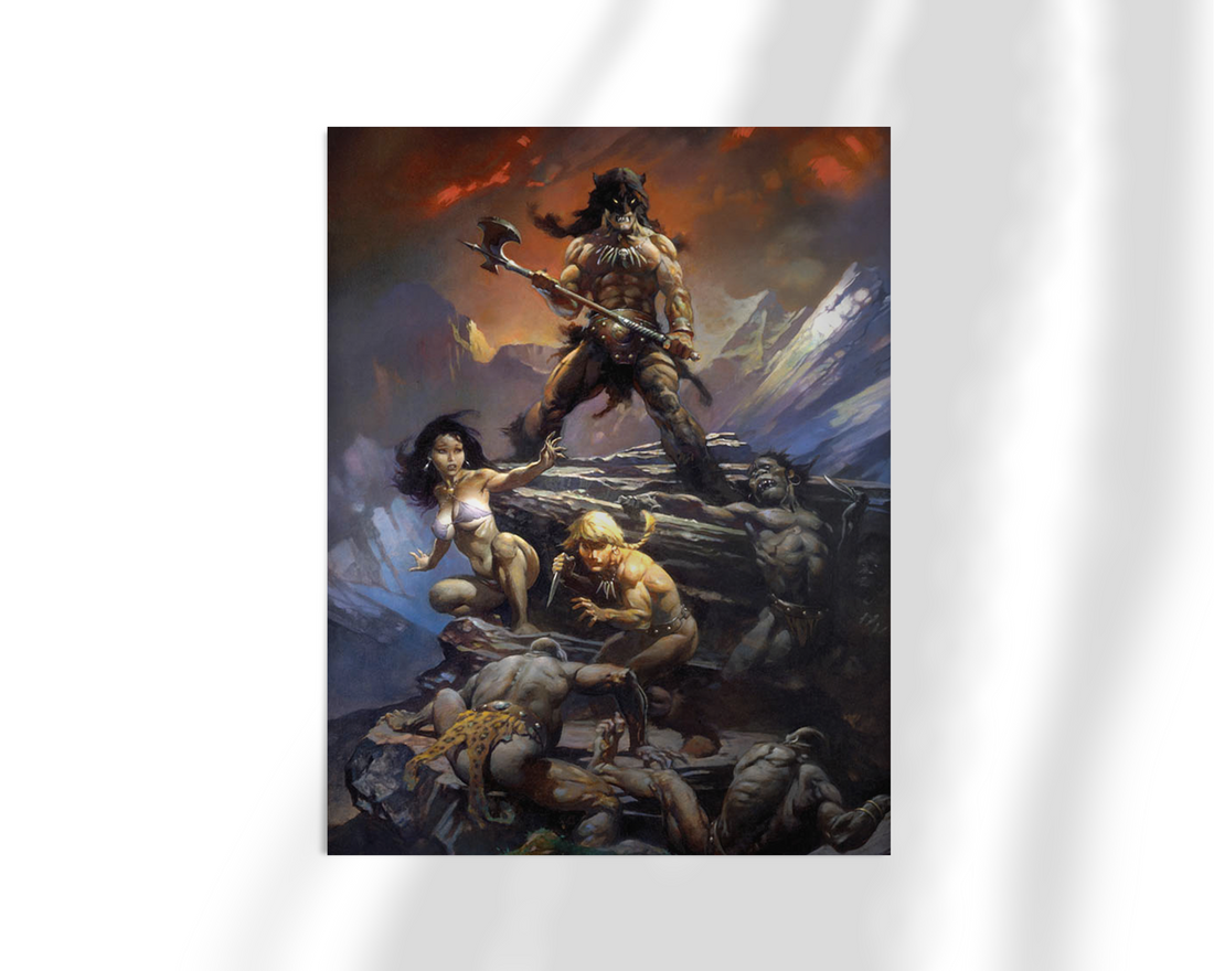 Unframed fine art print of Frazetta’s “Fire and Ice,” portraying a powerful fantasy battle scene with a heroic warrior and dramatic mountain backdrop.