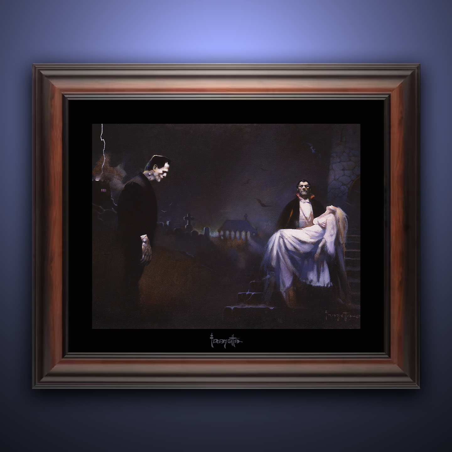 Framed Gallery Series print of "Creatures of the Night" by Frank Frazetta, highlighting vivid colors and dynamic artwork with a deep black 1.5" matting.